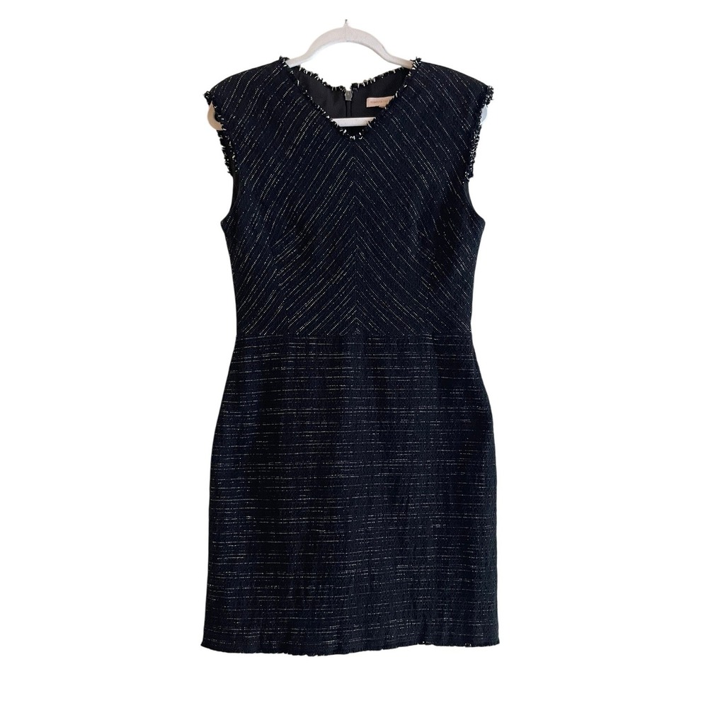 Rebecca Taylor Black Tweed V-Neck Sheath Dress Frayed‎ Trim Size 6